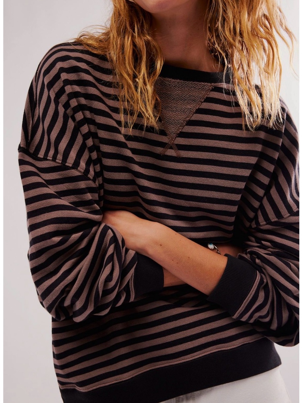 Free People Striped Crewneck Sweater in Black and Brown